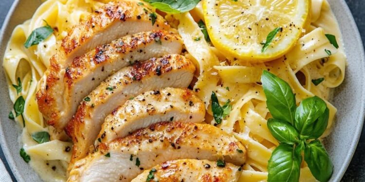 Zitronen-Hähnchen mit Basilikum-Butter-Sauce & Bandnudeln