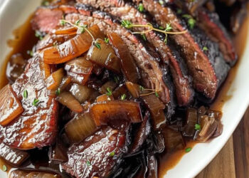 Zarte Rinderbrust in reichhaltiger Balsamico-Zwiebelsauce