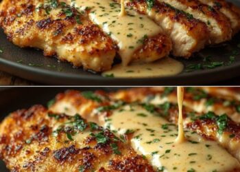 Knusprige Parmesan Hähnchenbrust mit cremiger Knoblauchsauce