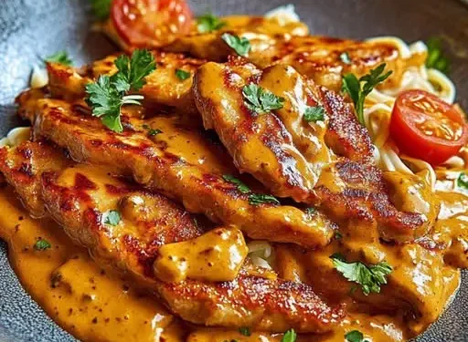 Schnitzelstreifen in Senfsahnesoße