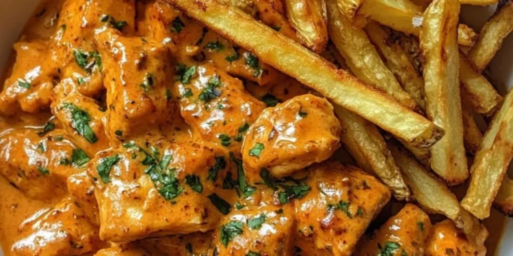 Butter Chicken mit Knoblauchsauce und knusprigen Pommes