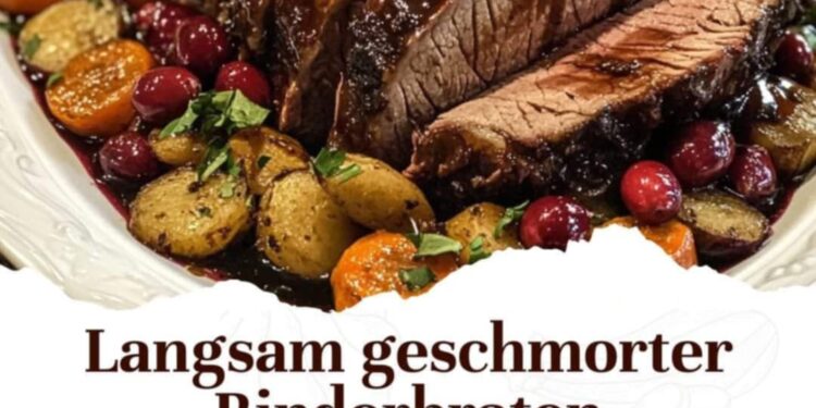 Langsam geschmorter Rinderbraten mit Cranberry-Balsamico-Glasur