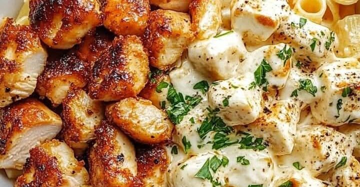 Knoblauchbutter-Hähnchenbissen mit Parmesan-Pasta