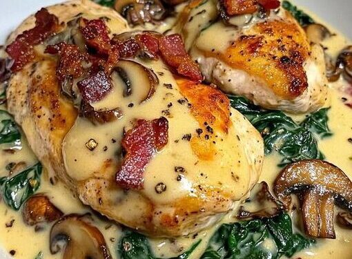 Spinat Hähnchen mit 250 g Champignons in leckere Knoblauchsauce