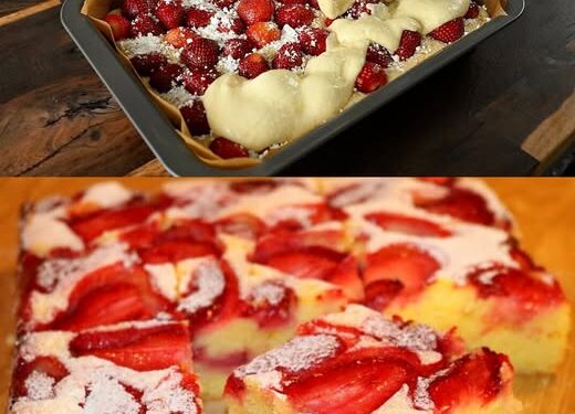 Erdbeer Biskuitkuchen vom Blech in 10 Minuten ein Tassenrezept