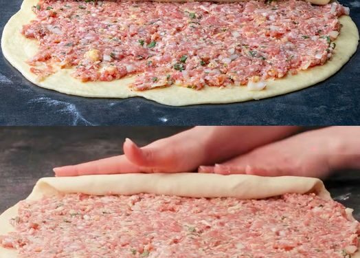 Teig eingerollt mit Hackfleisch in 15 Minuten in Backofen