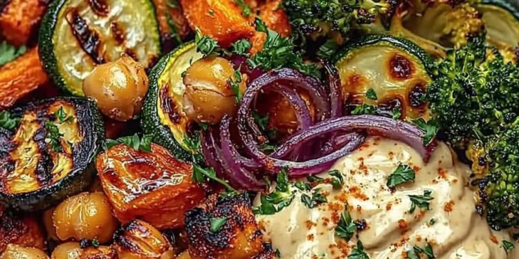 Geröstete Gemüse- & Kichererbsenschalen mit Ahorn-Dijon-Tahini-Dressing Rezept