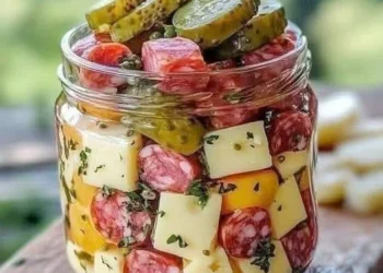 Leicht marinierte Käse-Vorspeise mit Salami und Gurken