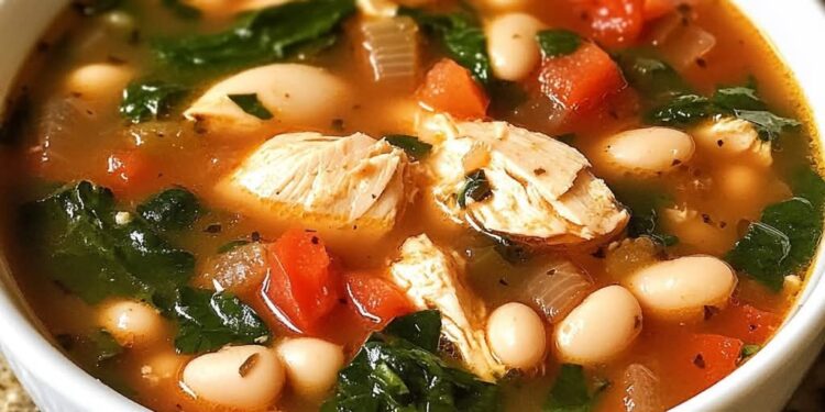 Herzhafte toskanische Hühnersuppe mit weißen Bohnen und Spinat