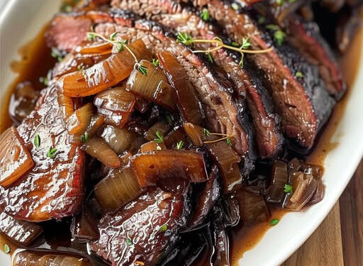 Zarte Rinderbrust in reichhaltiger Balsamico-Zwiebelsauce