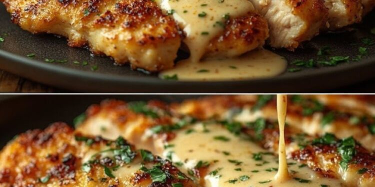 Knusprige Parmesan Hähnchenbrust mit cremiger Knoblauchsauce