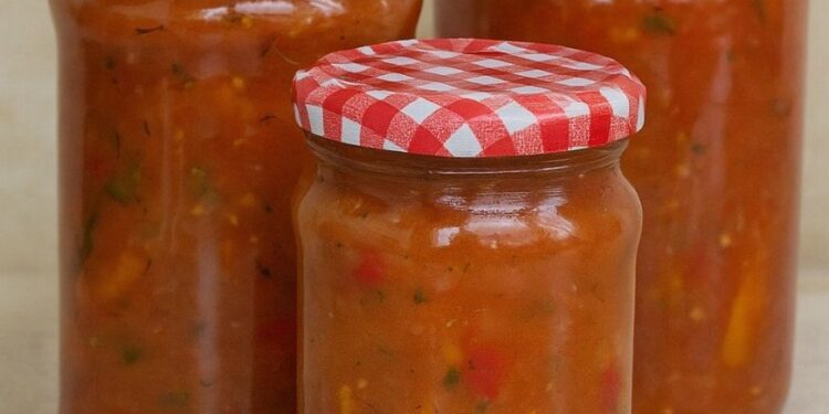 Hausgemachter Lecho mit Zucchini in Gläsern für den Winter